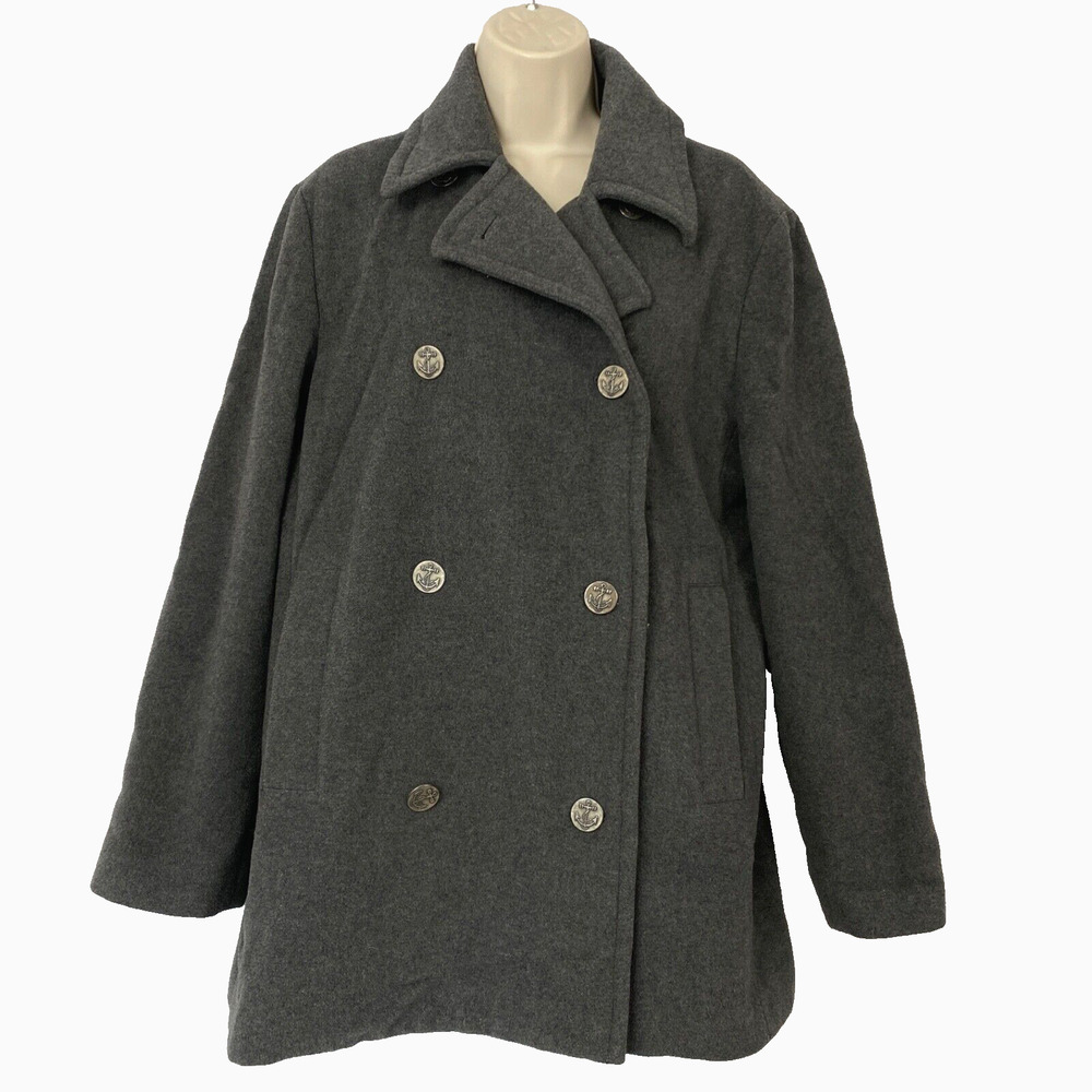 Tommy Hilfiger Wool Pea Coat Womens Large Gray Double Breasted Boxy Vintage Y2K